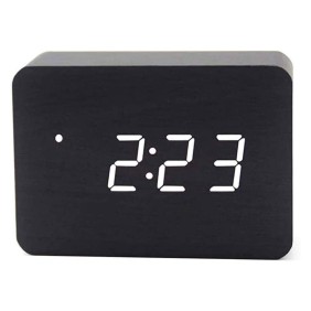 Ξύλινο ψηφιακό ρολόι Led επιτραπέζιο, με ξυπνητήρι και θερμόμετρο - 90x60  -  Μαυρο με ασπρη ένδειξη -  OEM