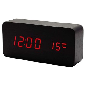 Ξύλινο ψηφιακό ρολόι Led επιτραπέζιο, με ξυπνητήρι και θερμόμετρο - 150x70  -  Μαυρο με κοκινη ένδειξη -  OEM
