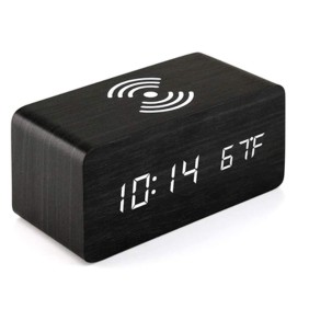 LED ξύλινο ψηφιακό ρολόι με επαγωγική (ασύρματη) φόρτιση κινητών - VSΗ-1210 Μαυρο 